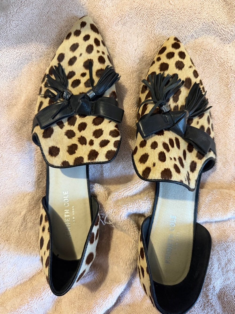 Kenneth Cole Leopard Print Pointed D'Orsay Flats with Black Tassel Bow